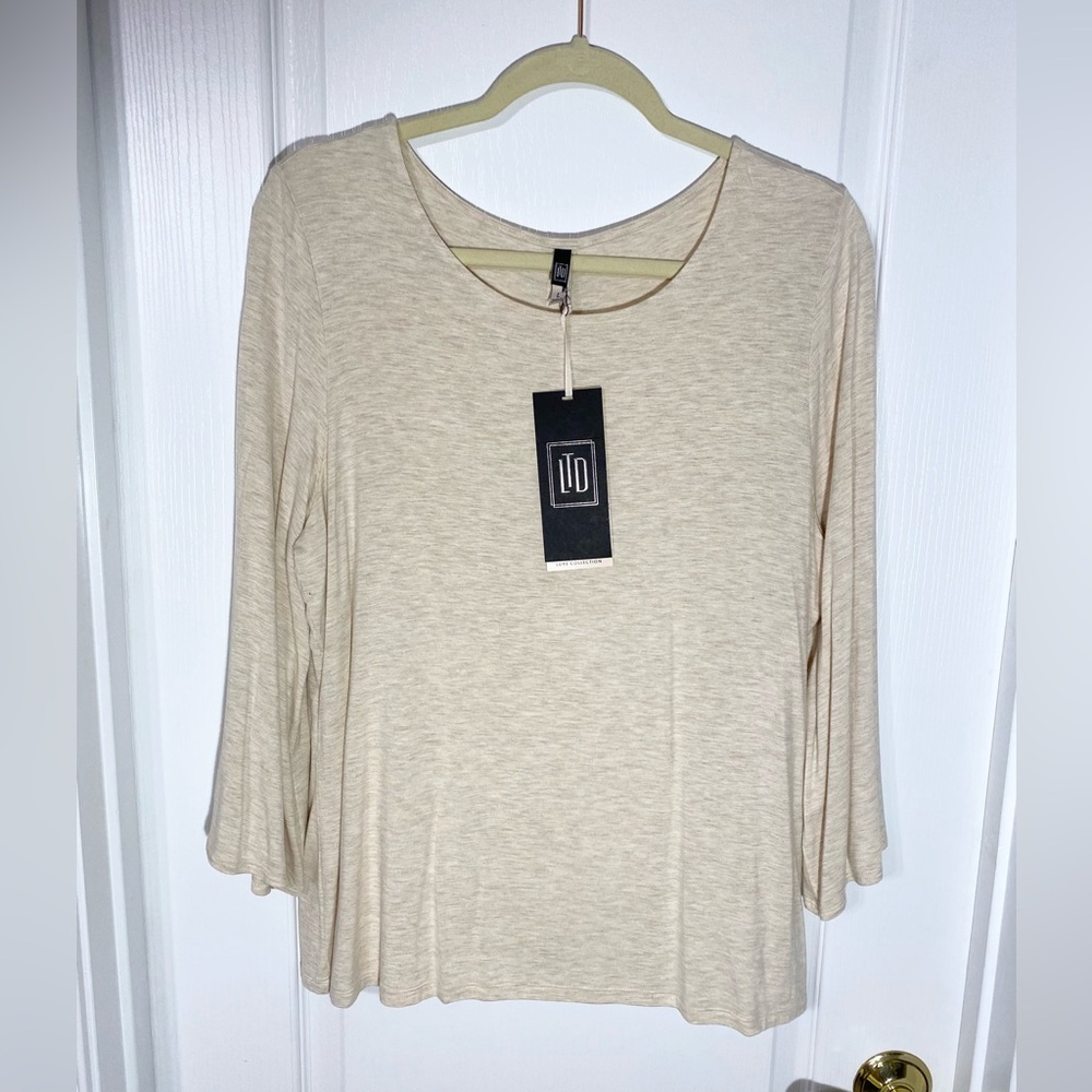 The Limited 3/4 Bell Sleeve Back Button Detail Knit Blouse Luxe Collection Beige